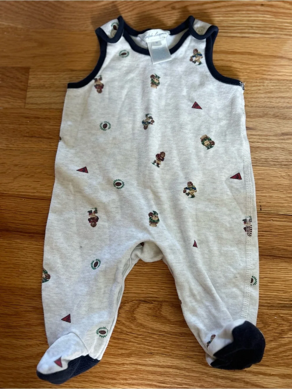 Vintage Ralph Lauren Polo Bear Football Sleeper Romper 3M White Navy